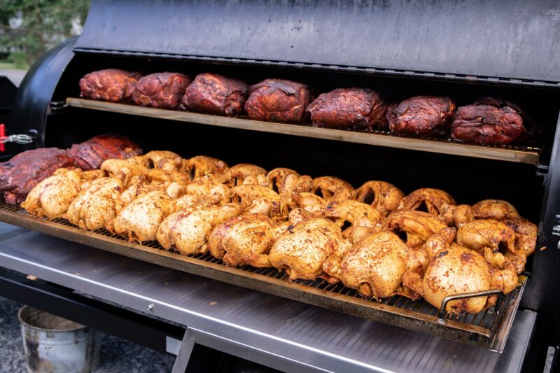 Chicken and Pork Butts on Meadow Creek BBQ Smoker