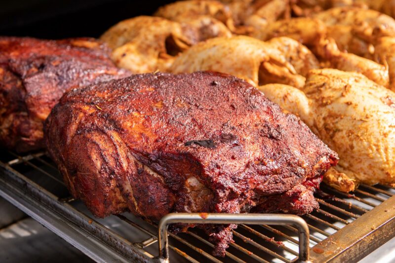 Chicken and Pork Butts on Meadow Creek BBQ Smoker